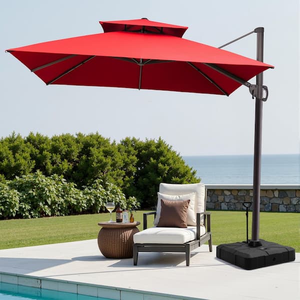 Pellebant 2-Tier 11.5 ft. x 11.5 ft. Aluminum Outdoor 360° Rotation Cantilever Patio Umbrella in Red with 300 lbs. Wheeled Stand