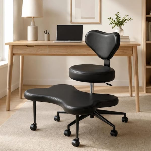 Black Faux Leather Cross-Legged Task Chair with Swivel Footrest, Adjustable Height and 7-Wheels