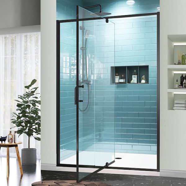 Lonni 50 in.-54 in. W x 71 in. H Pivot Swing Semi-Frameless Shower Door in Matte Black with Clear SGCC Tempered Glass