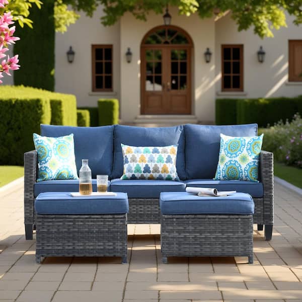 New Vultros Gray 3-Piece Wicker Outdoor Lounge Chair with Blue Cushions and 2 Ottomans