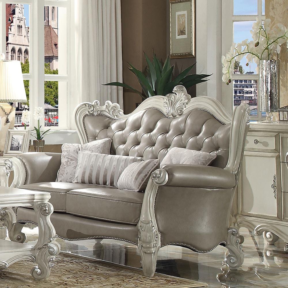 Vintage Gray Leather Tufted Loveseat with Bone White Wood