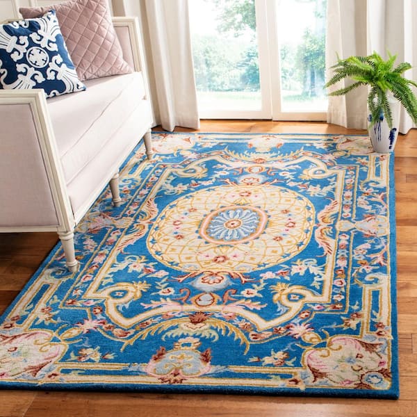 Savonnerie Blue/Ivory 8 ft. x 10 ft. Border Area Rug
