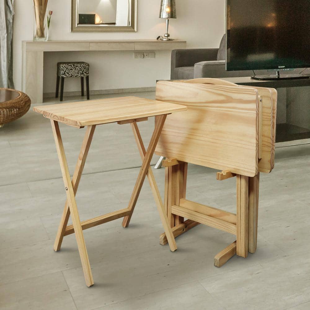 Pine Wood 5-Piece Natural Finish TV Tray Table Set