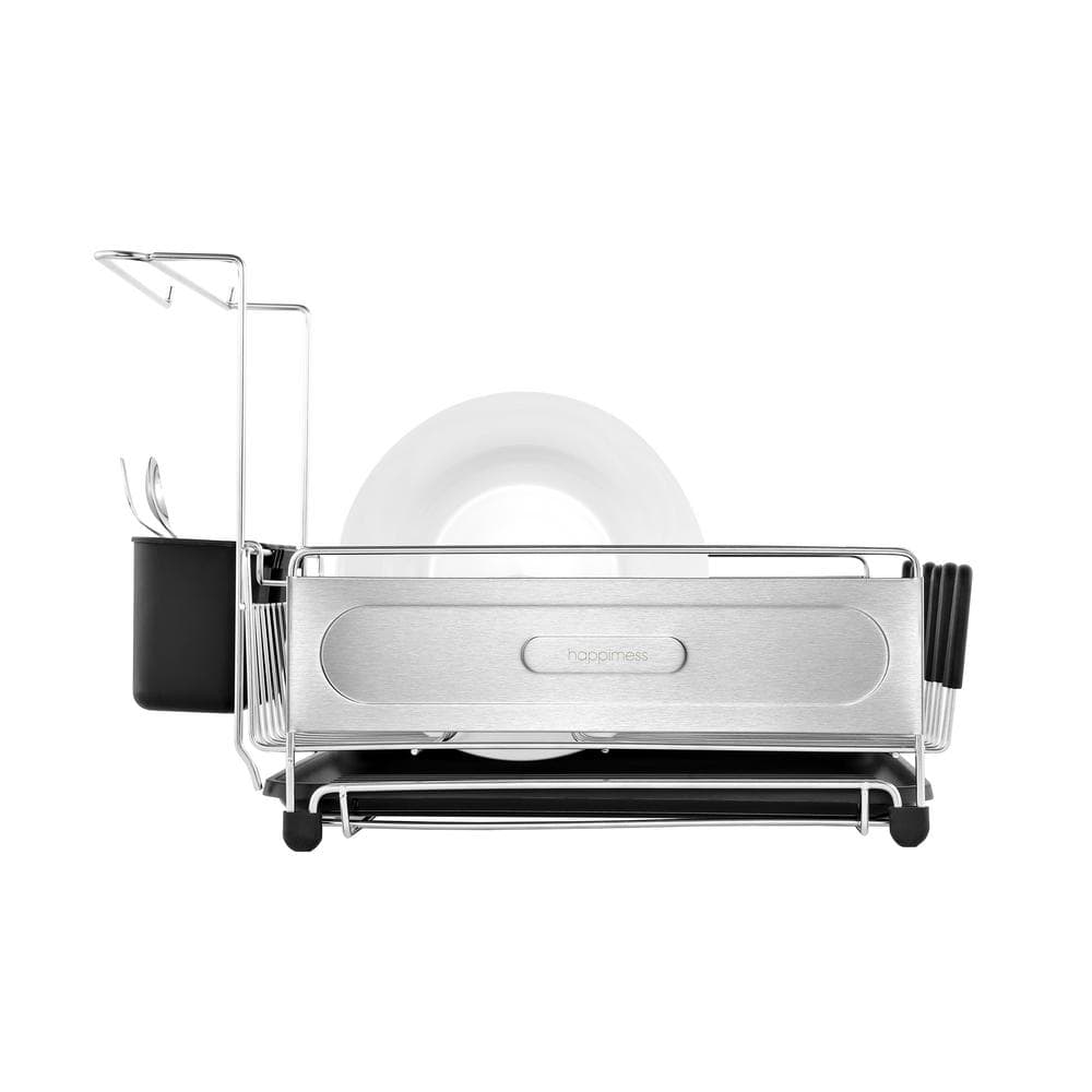 Compact Stainless Steel Dish Rack with Utensil Cup and Wine Glass Holder