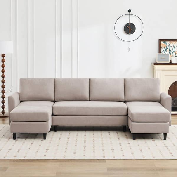 Jearey 107.3 in. Gray Straight Arm Modular U-Shaped Fabric Sectional Sofa ,6 Seater Couch with Double Ottomans for Living Room