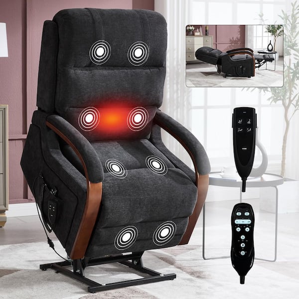 Black Chenille Power Lift Recliner Chair Dual Motor Infinite Position with Solid Wood Armrests and Heat Massage