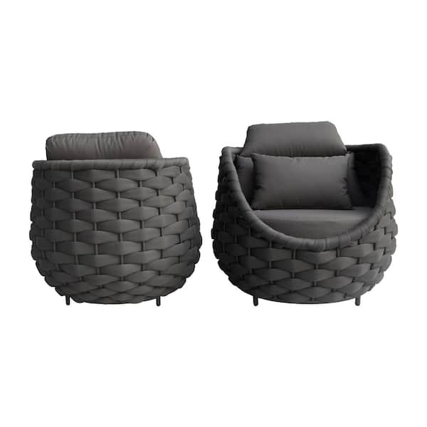 2-Piece Black Aluminum Patio Woven Rope Conversation Set Outdoor Lounge Chair Sectional Set with Dark Gray Cushions