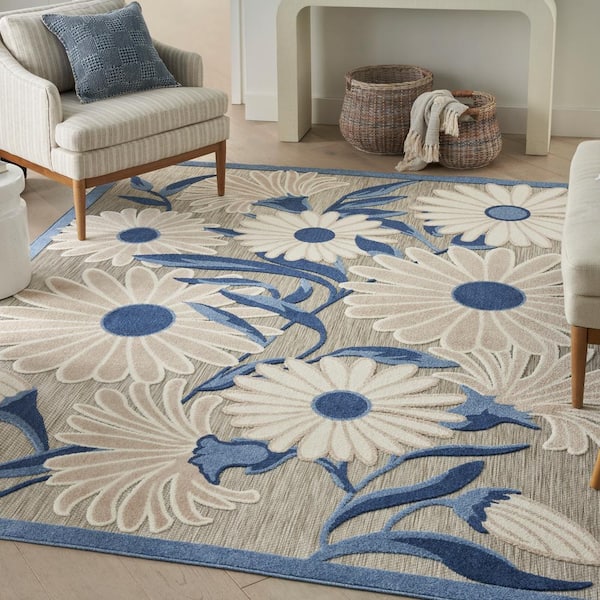 Aloha Blue/Grey 5 ft. x 8 ft. Botanical Contemporary Indoor/Outdoor Area Rug