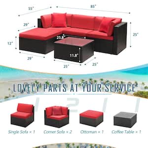 5-Pieces Wicker Patio Conversation Furniture Outdoor Rattan Sofa Set with Glass Coffee Table and Red Cushion
