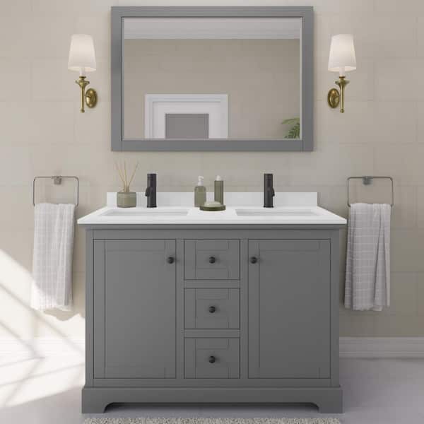 Wyndham Collection Avery 48 in. W x 22 in. D x 35 in. H Double Bath Vanity in Dark Gray with White Quartz Top