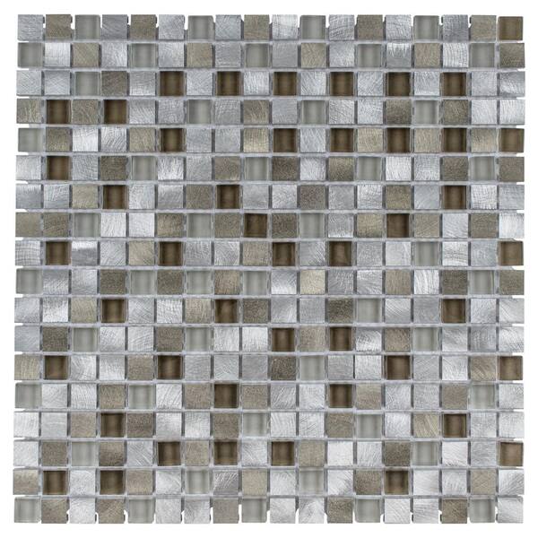 Merola Tile Fusion Mini Lorraine 12 in. x 12 in. x 6 mm Brushed Aluminum and Glass Mosaic Tile