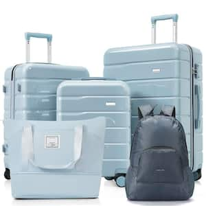 5-Piece Gray Blue ABS Hardshell Spinner 20 in. 24 in. 28 in. Luggage Set with Duffel Bag Foldable Backpack Hooks