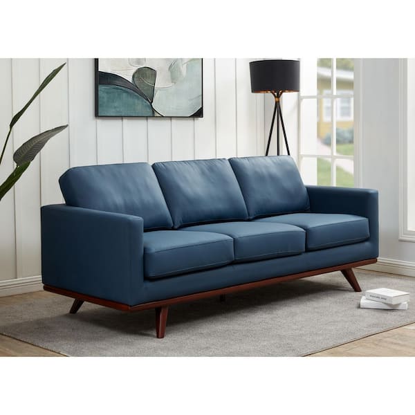 Leisuremod Chester 83 in. Square Arm Leather 3-Seater Chair Rectangle Couch with Removable Cushions Sofa in Navy Blue