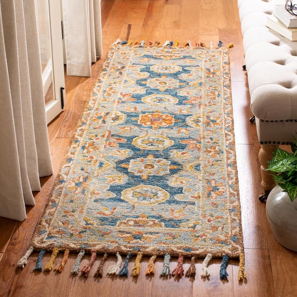 Aspen 2 ft. x 21 ft. Gray/Navy Traditional Floral Runner Rug