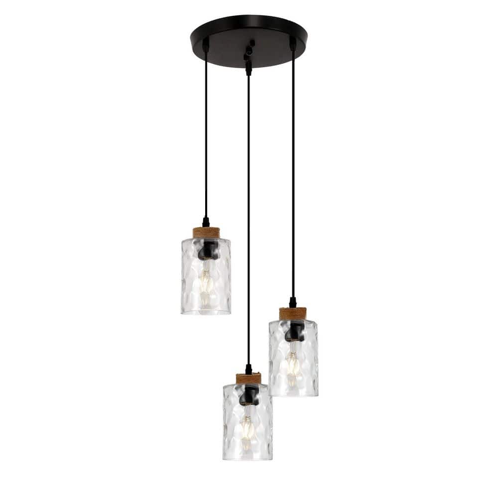 3-Light Matte Black Hemp Rope Wave Pendant Light with Textured Glass Shade E26 for Kitchen Island Dining Room price history on PriceWatchPro
