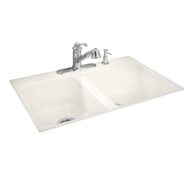 KOHLER Brookfield Dual Mount Cast Iron 17 in. 4 Hole Double Bowl Kitchen Sink in Biscuit-DISCONTINUED