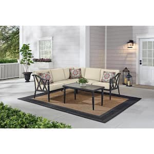 Harmony Hill 3-Piece Black Steel Outdoor Patio Sectional Sofa with CushionGuard Putty Tan Cushions