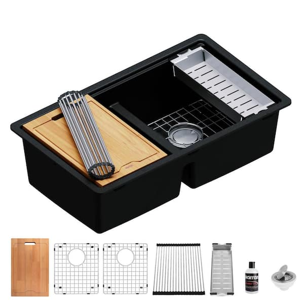 QUWS-880 Quartz/Granite 32-1/2 in. Double Bowl Undermount Workstation Kitchen Sink in Black