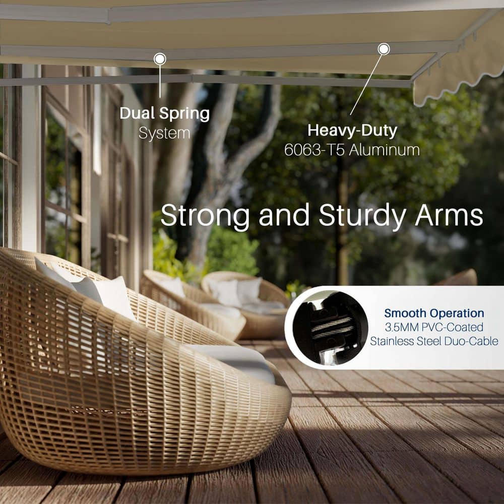 Sand Motorized Retractable Patio Awning with White Frame