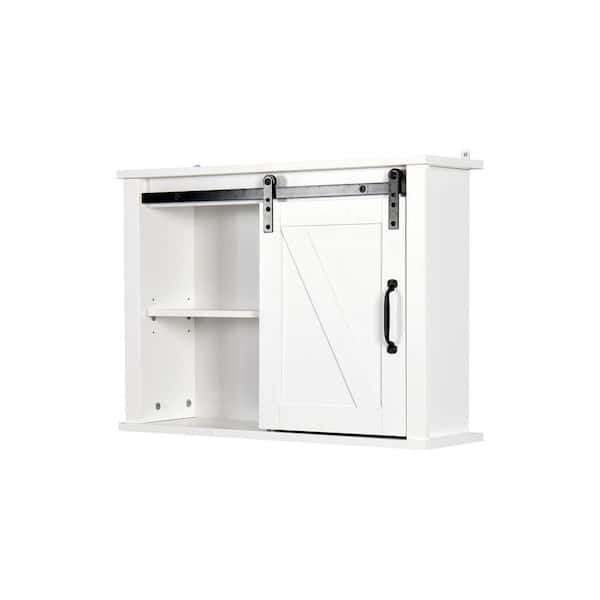 cadeninc 27.16 in. White Wall Mounted Bathroom Storage Cabinet with 2 Adjustable Shelves with a Barn Door