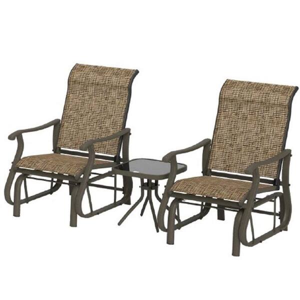 3-Piece Brown Metal Outdoor Bistroor Set, Gliding Chairs Set with Tempered Glass Top Table