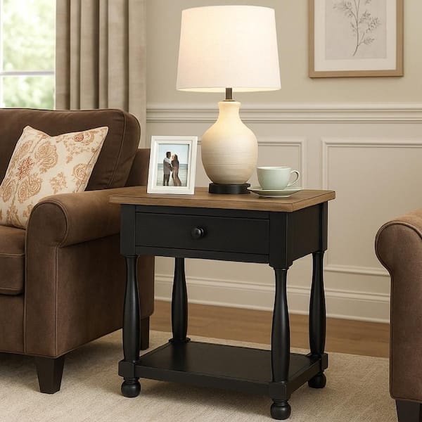 Ginie Black and Oak Brown and Pewter 1-Drawer 26 in. W Nightstand