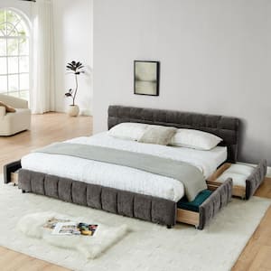 Modern Dark Gray Wood Frame King Chenille Upholstered Platform Bed with Headboard and 4 Drawers