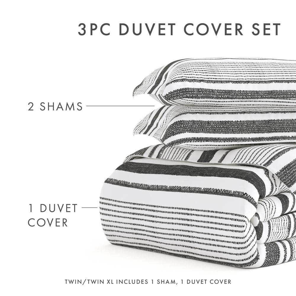 Vintage Light Gray and Black Striped Twin Duvet Cover Set