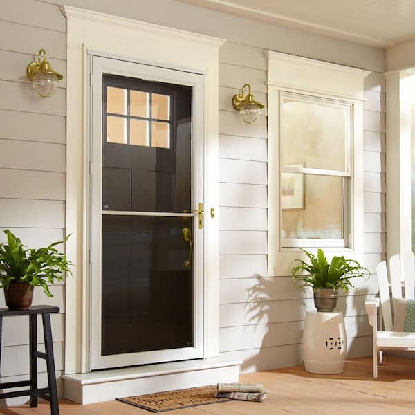 2000 Series 36 in. x 80 in. White Universal Full View Retractable Aluminum Storm Door with Brass Hardware