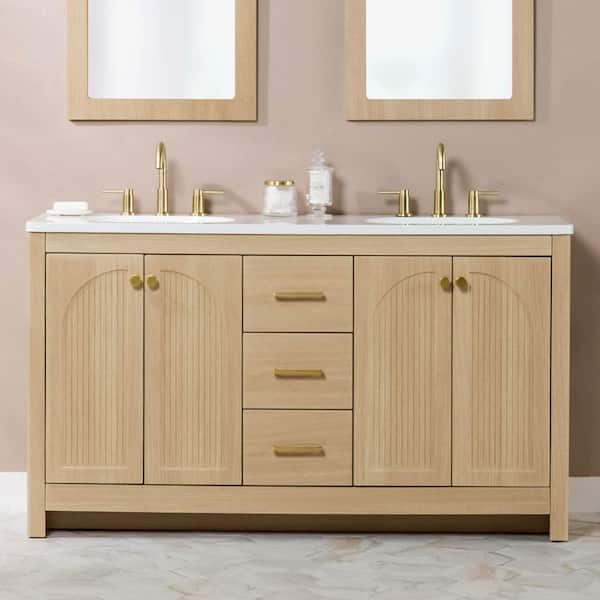 Lapine 61 in. Double Sink Blond Oak Bath Vanity with White Cultured Marble Top (Assembled)