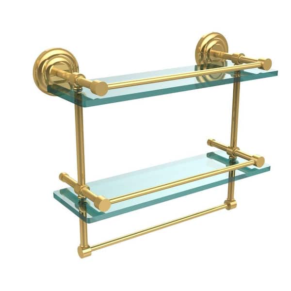 Allied Brass 16 in. L x 12 in. H x 5 in. W 2-Tier Gallery Clear Glass Bathroom Shelf with Towel Bar in Polished Brass