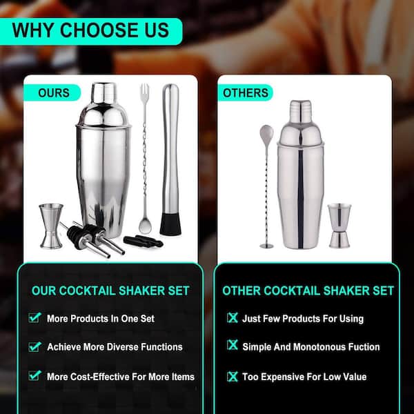 KHKFY Black Stainless Steel 24 oz Professional Cocktail Shaker Set with Muddler Mixing Spoon Measuring Jigger Pourers