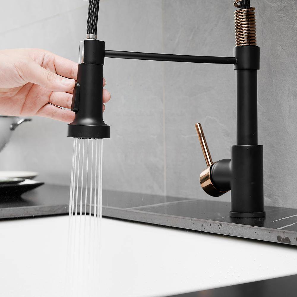 Matte Black and Rose Gold Pull Down Kitchen Faucet with LED Light