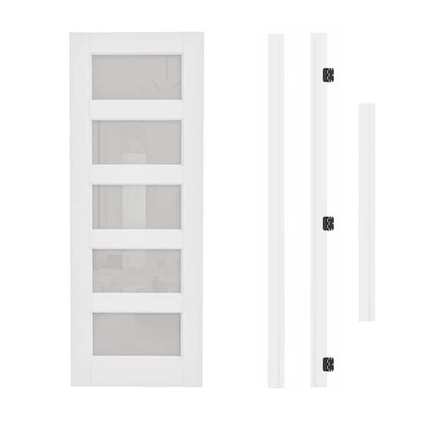 30 in. x 80 in. 5-Lite Frosted Glass Right-Hand White Solid Core Glass Assembly Required Single Prehung Interior Door