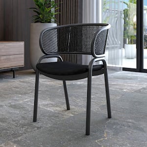 Modern Upholstered Dining Chair with Cozy Armrest and Black Iron Legs for Dining Room, Ervilla Series in Black