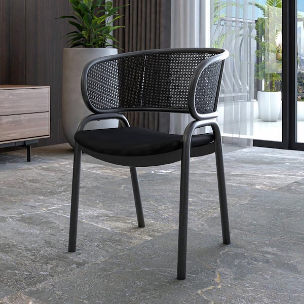 Leisuremod Modern Upholstered Dining Chair with Cozy Armrest and Black Iron Legs for Dining Room, Ervilla Series in Black