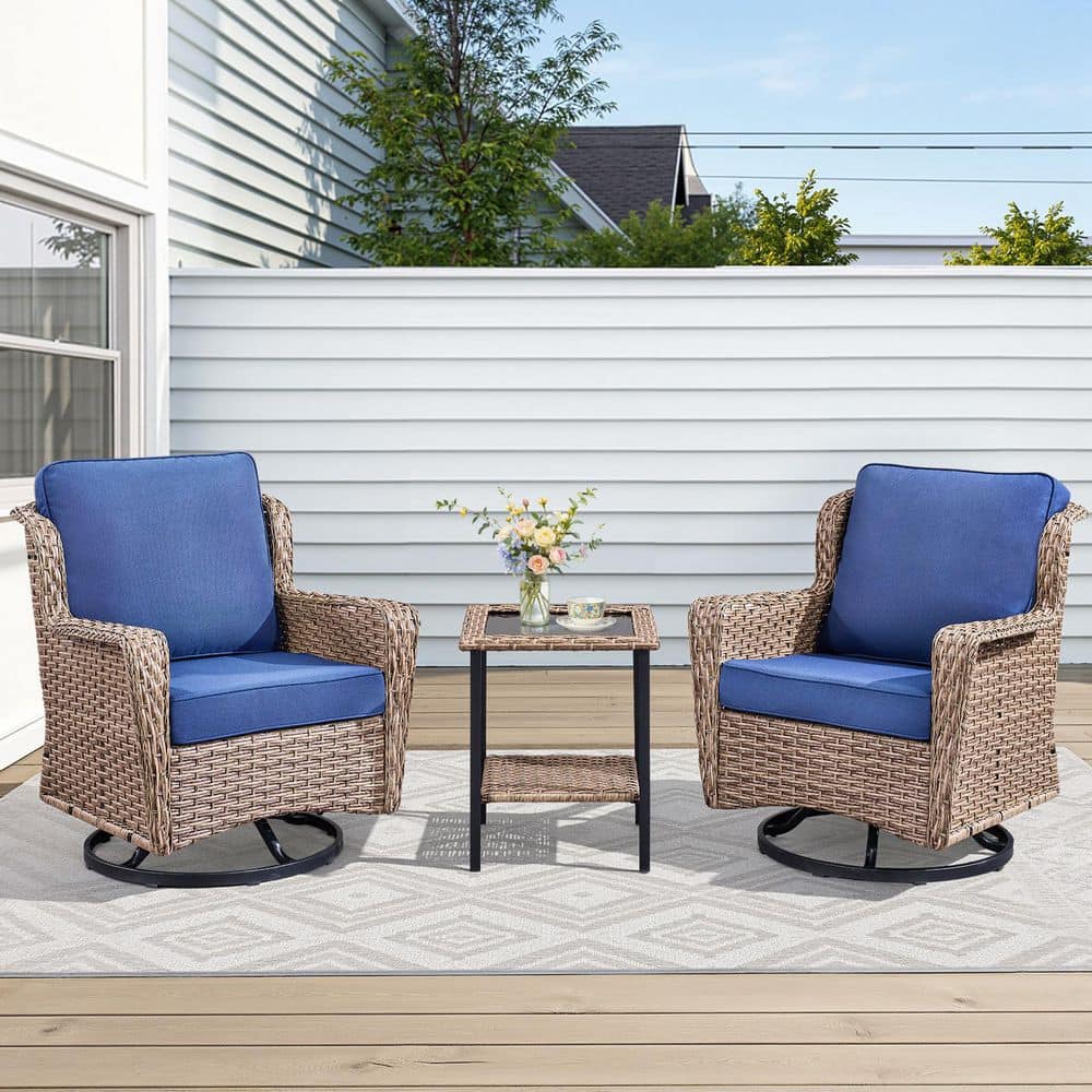 3-Piece Wicker Outdoor Rocking Chair Set for Patio Conversation with Blue Cushions price history on PriceWatchPro
