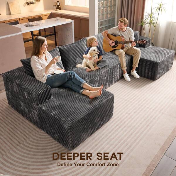 Allwex Varo 134 in. Wide Arm 3-Piece Modern Plush Corduroy U-Shape