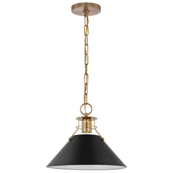 SATCO Outpost 60-Watt 1-Light Burnished Brass Pendant Light with Matte Black Metal Shade with No Bulbs Included