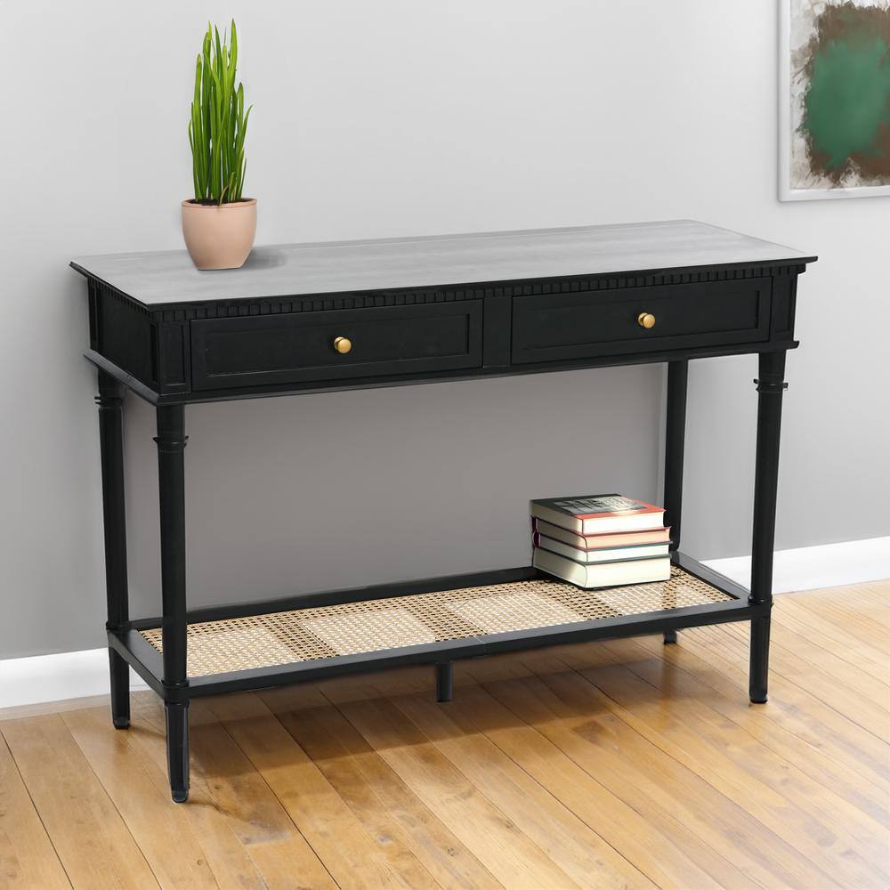 Black Acacia Wood Console Table with Cane Shelf and Storage