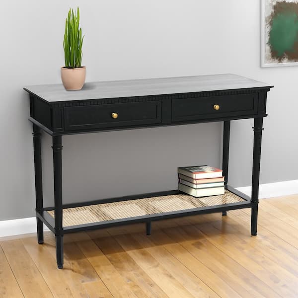 Storied Home Maxwelton 48 in. Black Acacia Wood Console Table with Drawers and Woven Cane Shelf
