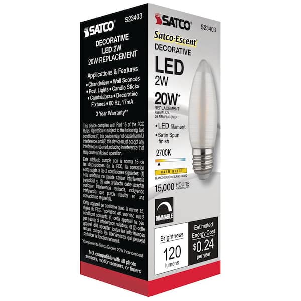 Satco S23403 2 watt C11 LED; Satin Spun; Clear; Medium Base; 2700K; 120 lumens; 120 Volts 24-Pack 