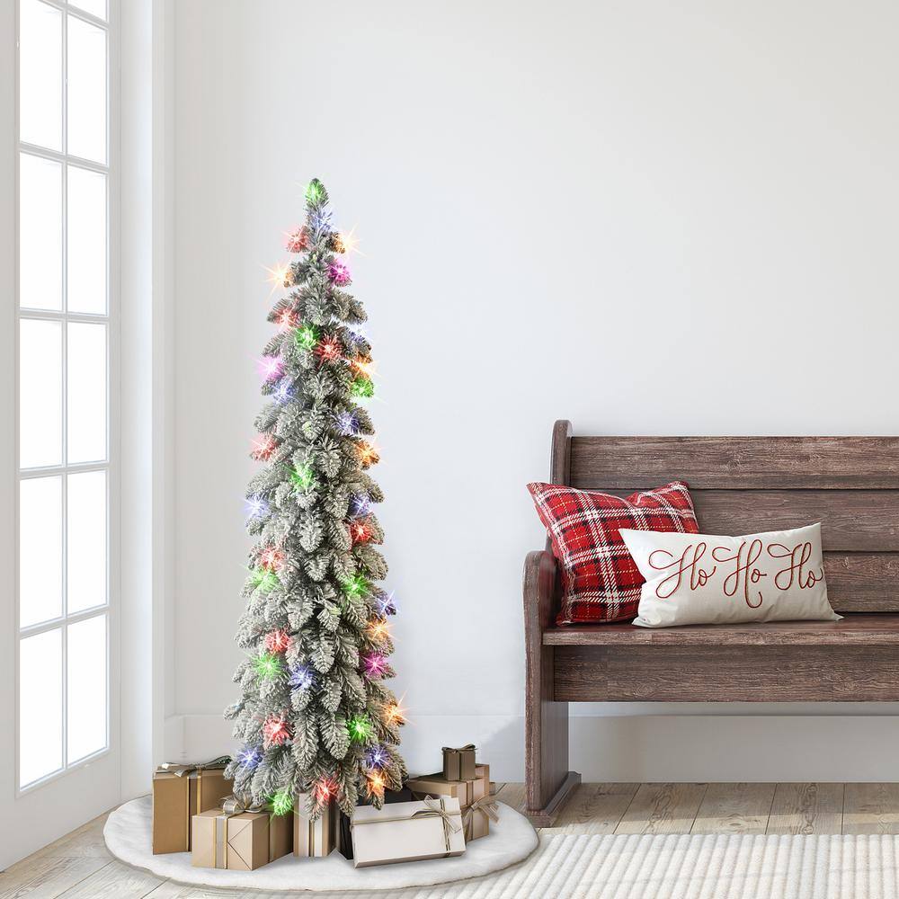 4 ft Flocked Alpine Pencil Christmas Tree with Multicolor Lights