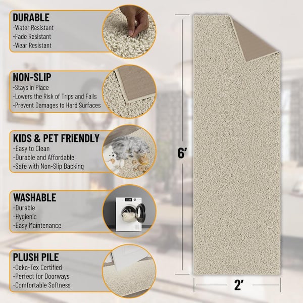 Luxury Bath Collection Non-Slip Rubberback Solid Soft Cream 2 ft. x 6 ft. Indoor Runner Rug