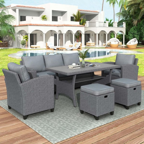 Zeus & Ruta 6-Piece Gray Wicker Outdoor Patio Sectional Sofa Set with Gray Cushions, Stools and Table