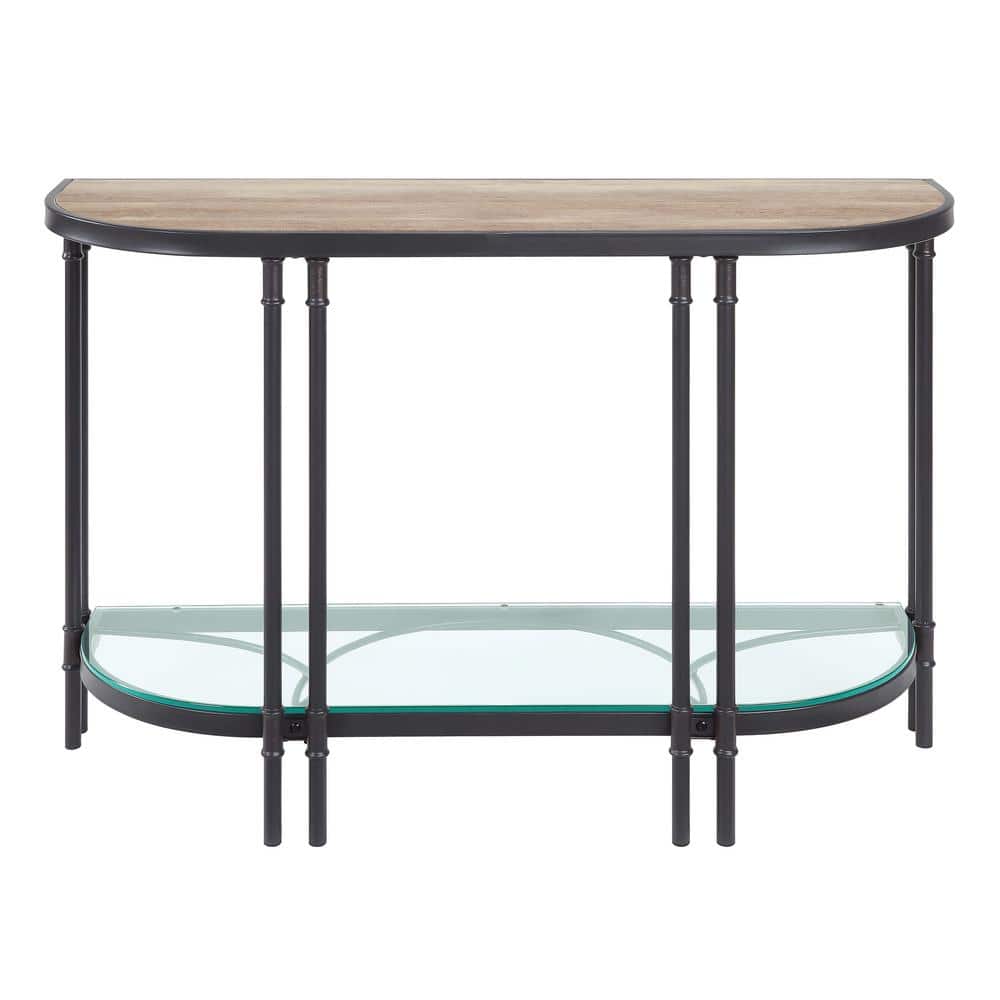 Oak Wood Grain & Sandy Black Metal Demilune Console Table with Glass Shelf