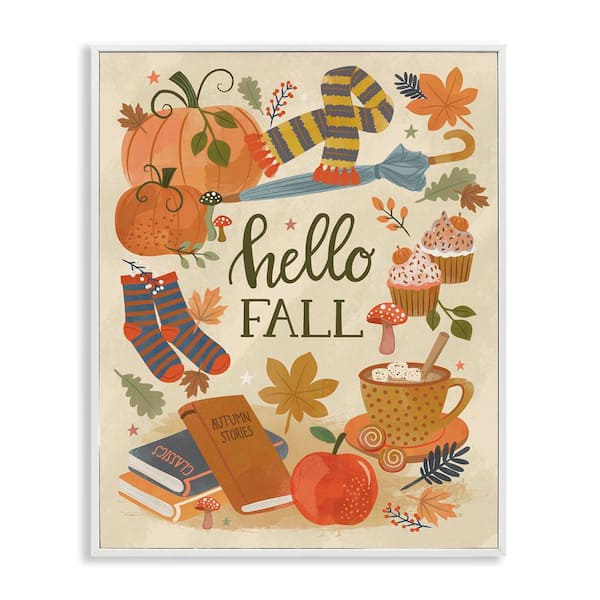 Stupell Industries Hello Fall Cozy Autumn Items by Lisa Perry Whitebutton White Framed Graphic Typography Art Print 24 in. x 30 in.