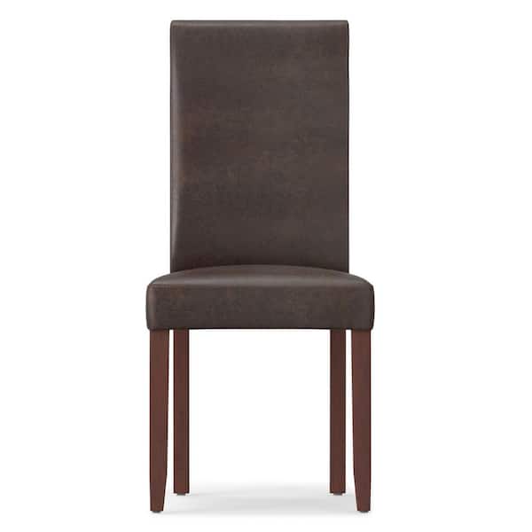 Acadian Transitional Parson Dining Chair in Distressed Brown Faux Leather (Set of 2)