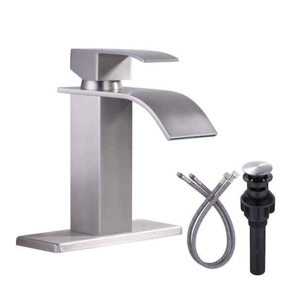 IVIGA 4 in. Centerset Single Handle High Arc Waterfall Bathroom Faucet with Pop Up Drain and Supply Lines in Brushed Nickel