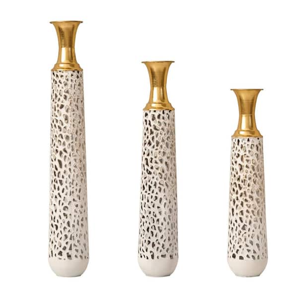 Unbranded Set of 3 25.5 in./29 in./34 in. White and Gold Metal Cylinder Decorative Vase Contemporary Farmhouse Vases Floor Vase